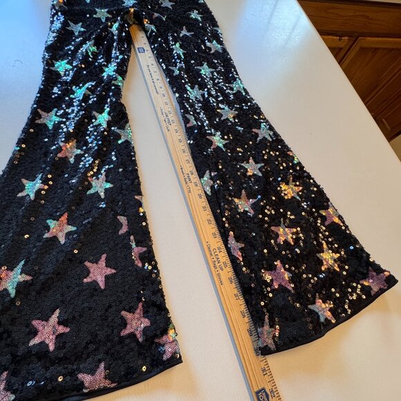 Shein Sequin Star Print Flared Pant Small Black Silver Rave Festival Maximalist - Picture 10 of 14